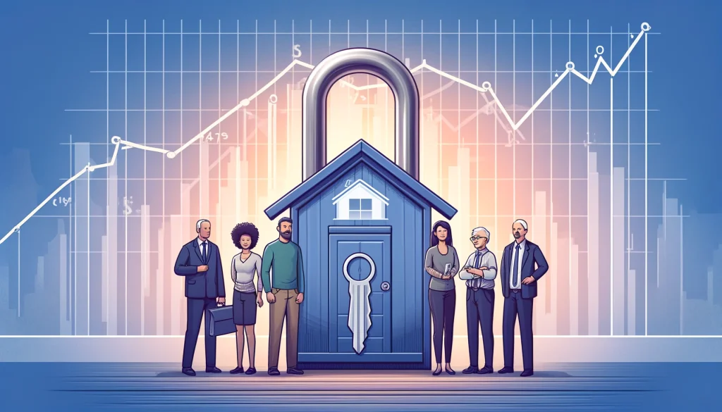 Illustration of diverse homeowners around a house-shaped padlock with keys, representing refinancing strategies against a backdrop of rising interest rates graph